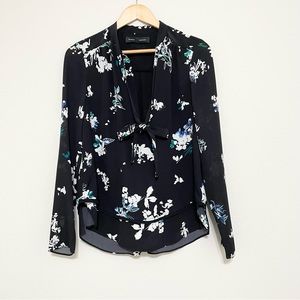 PROENZA SCHOULER 100% Silk Black Floral Blouse with Bow Size 2